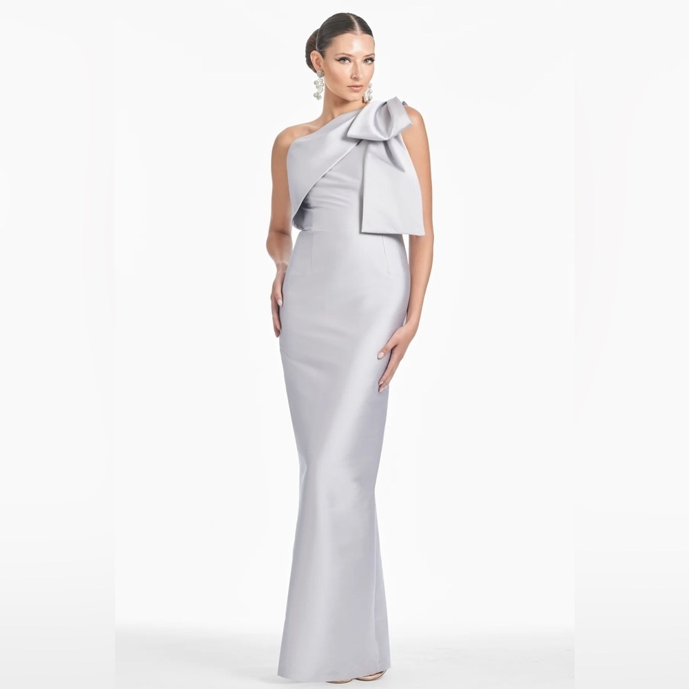 sachin and babi Bonnie one shoulder bow structured dress in silver